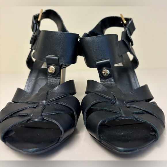 Jorge Bischoff Block heeled black leather gold accent sandals women's size 36 - Picture 2 of 6